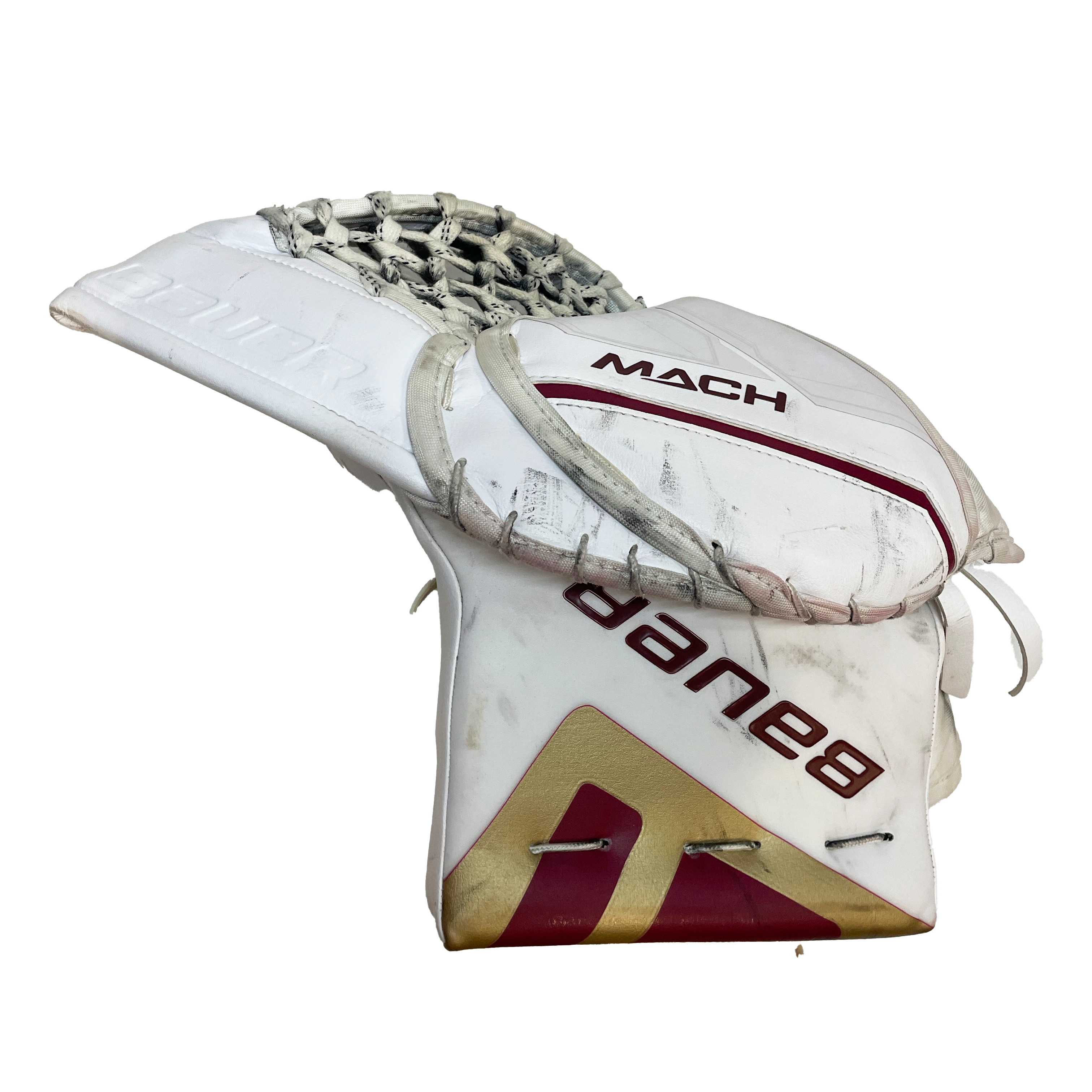 Bauer Supreme Mach - Gant de gardien de but Pro Stock d'occasion (blanc/marron/or)